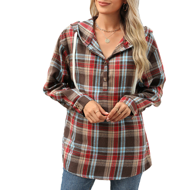 Damen Karierte Overshirtjacke mit Kapuze und Knopfdetails Drune