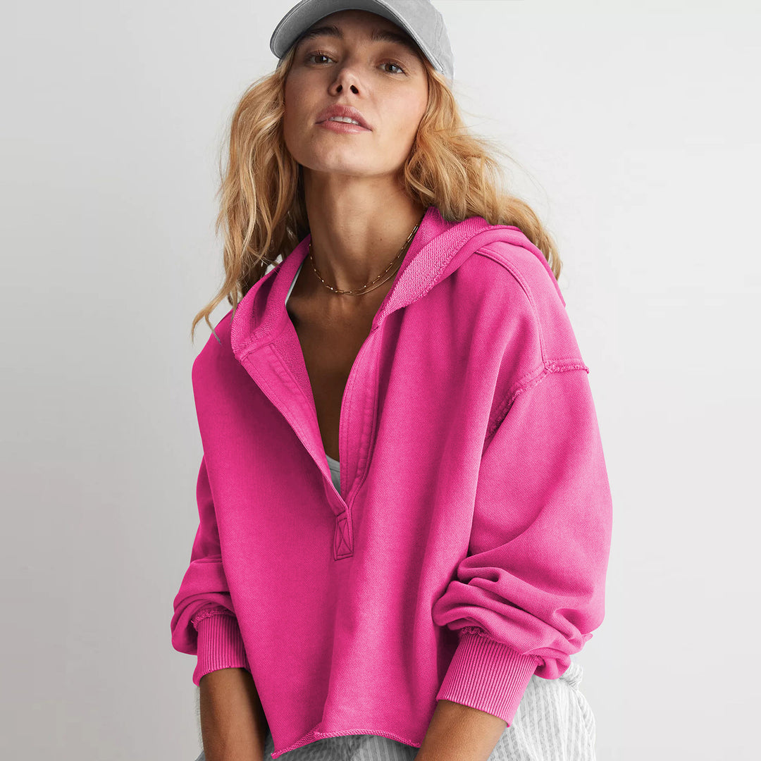 Damen Oversize Kapuzenpullover mit tiefem V-Ausschnitt, offener Knopfleiste und rohem Saum Drune