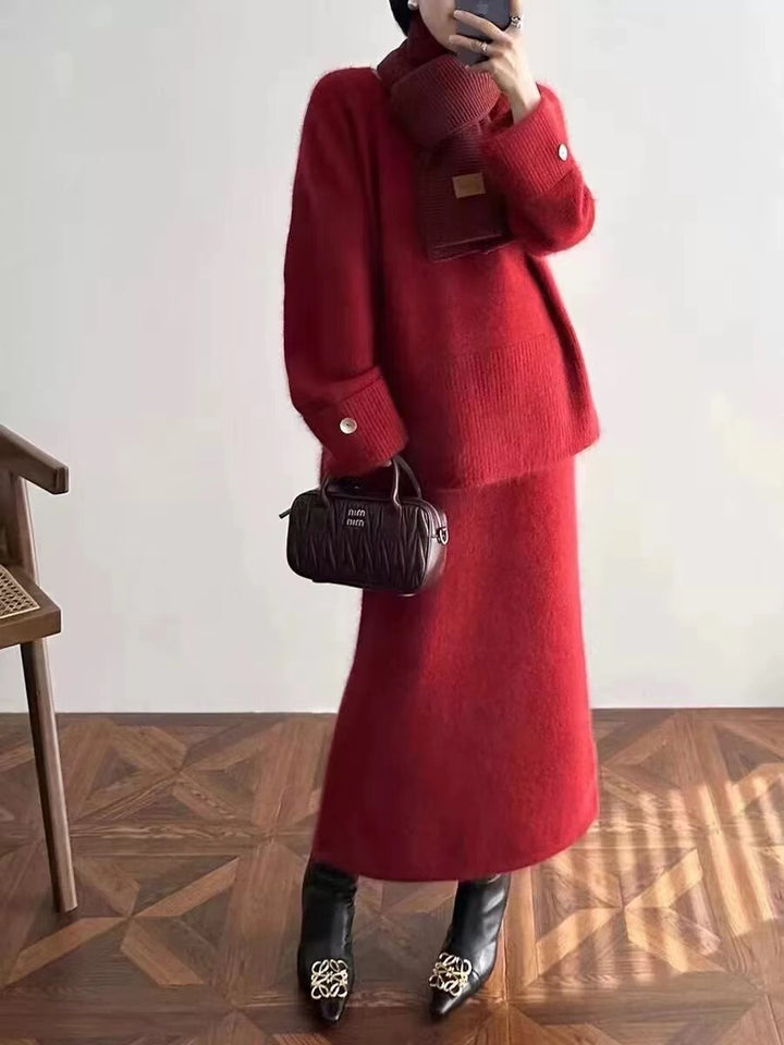 Damen gemütliches Strickensemble mit Pullover und Maxi-Rock Drune