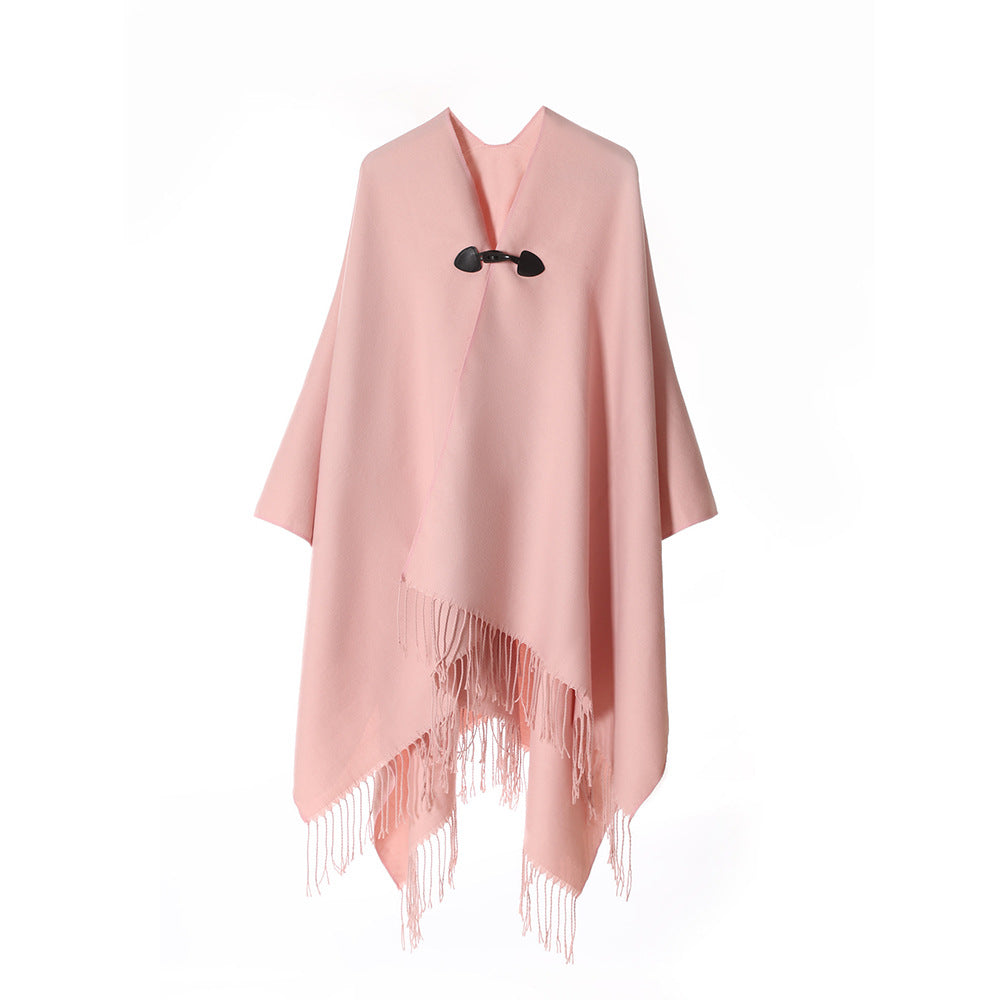 Damen Kastiger Cape-Überwurf mit Fransen und Knebelverschluss Drune