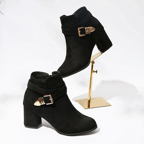 Damen Elegante Ankle-Boots mit hohem Absatz, seitlichem Reißverschluss und dekorativem Schnallengurt Drune