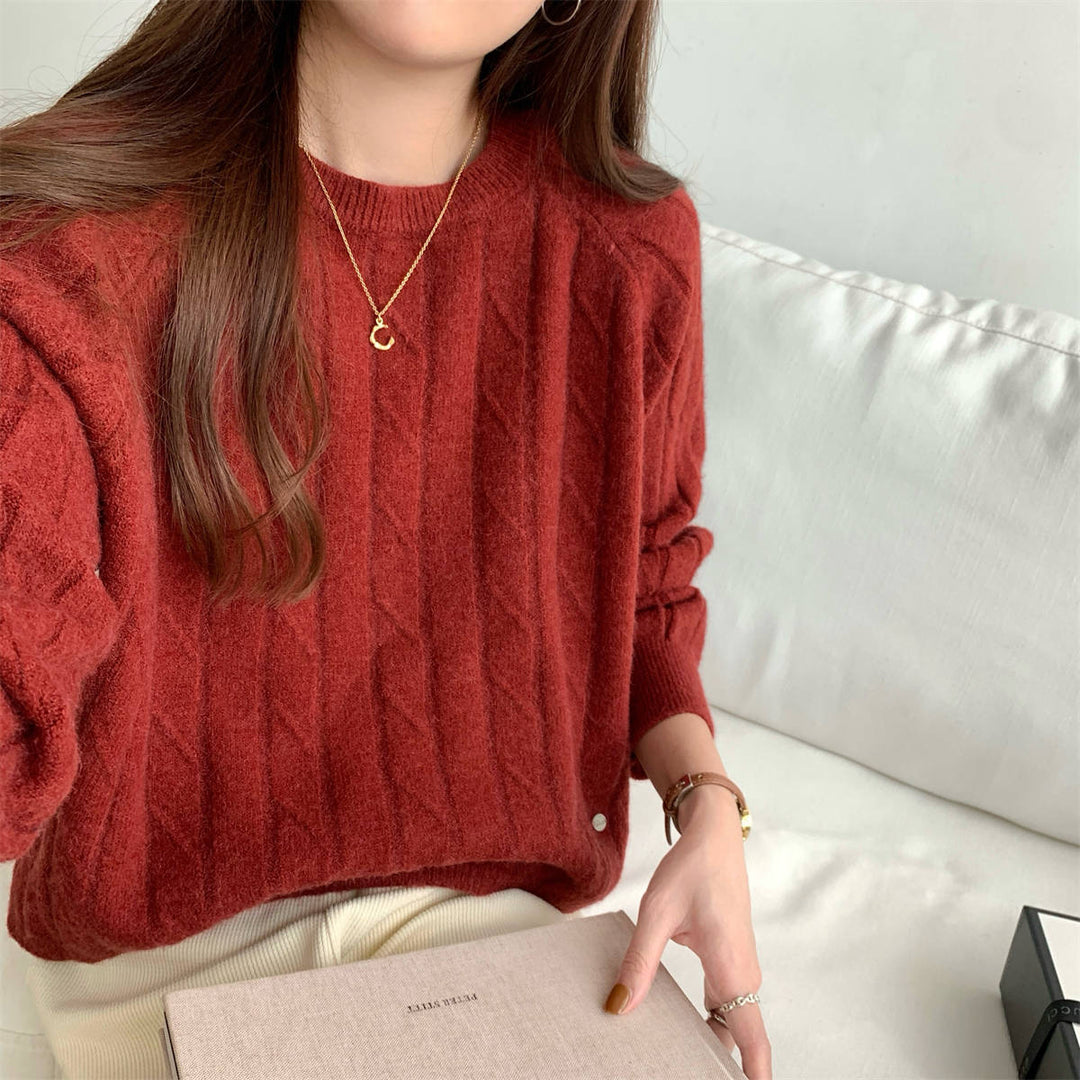 Damen lässiger Strickpullover mit Waffelmuster und weitem Schnitt Drune