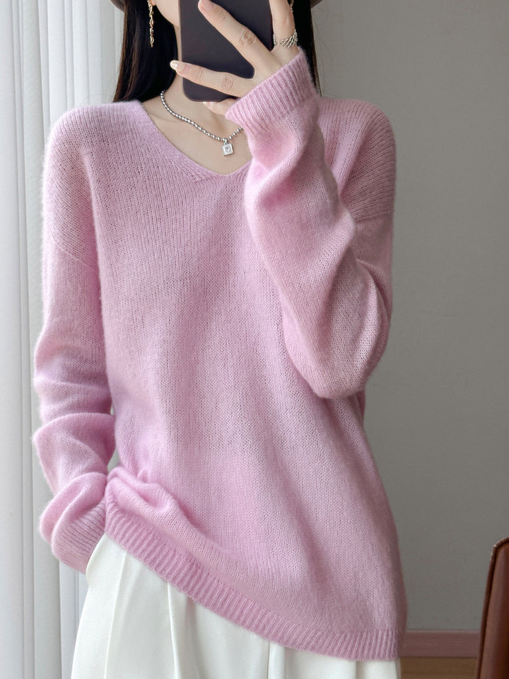 Damen Oversize-Feinstrickpullover mit feinem V-Ausschnitt und verlängertem Ärmelabschlusst Drune