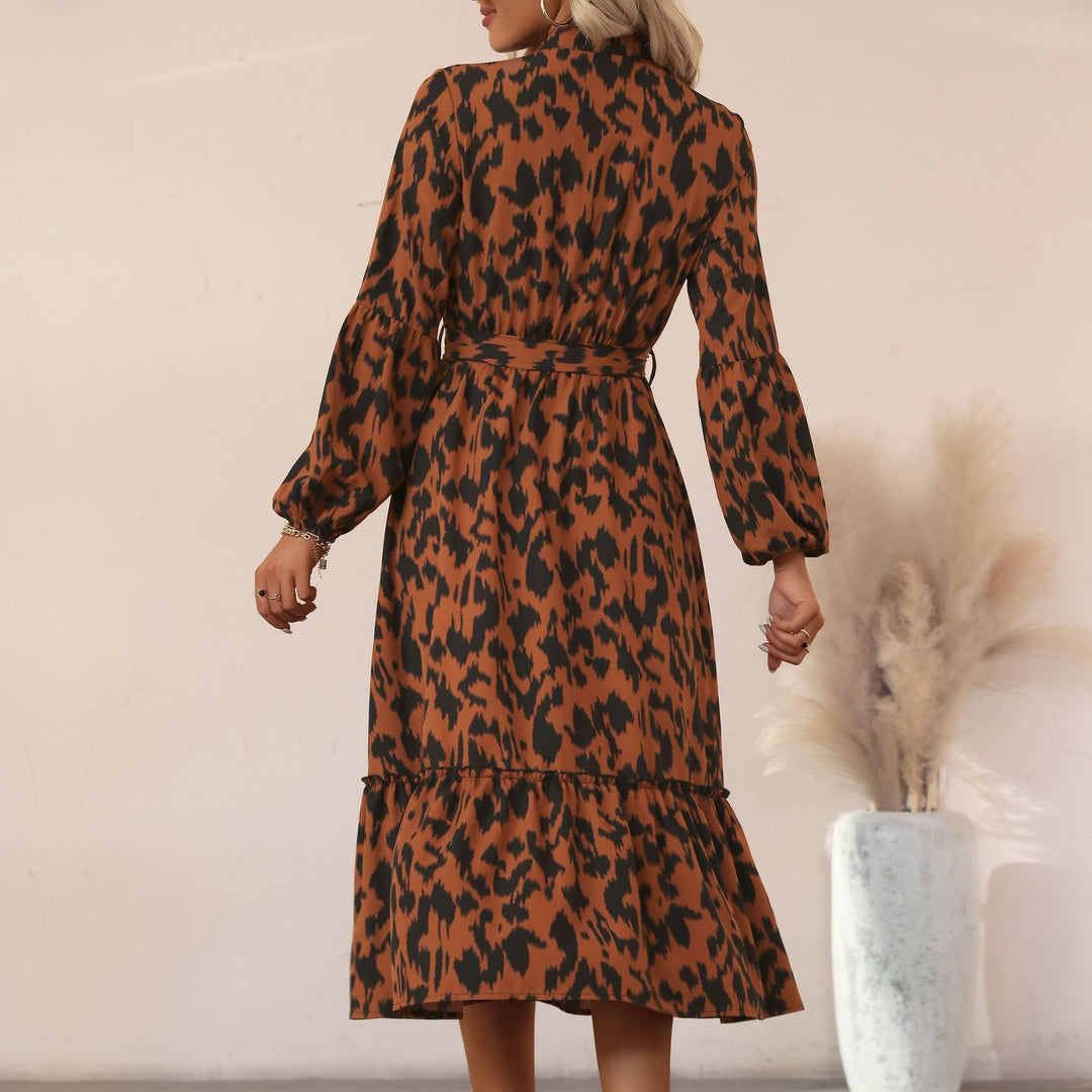 Damen Midikleid mit Animal-Print, Knopfleiste, Taillengürtel und Stufenrock Drune
