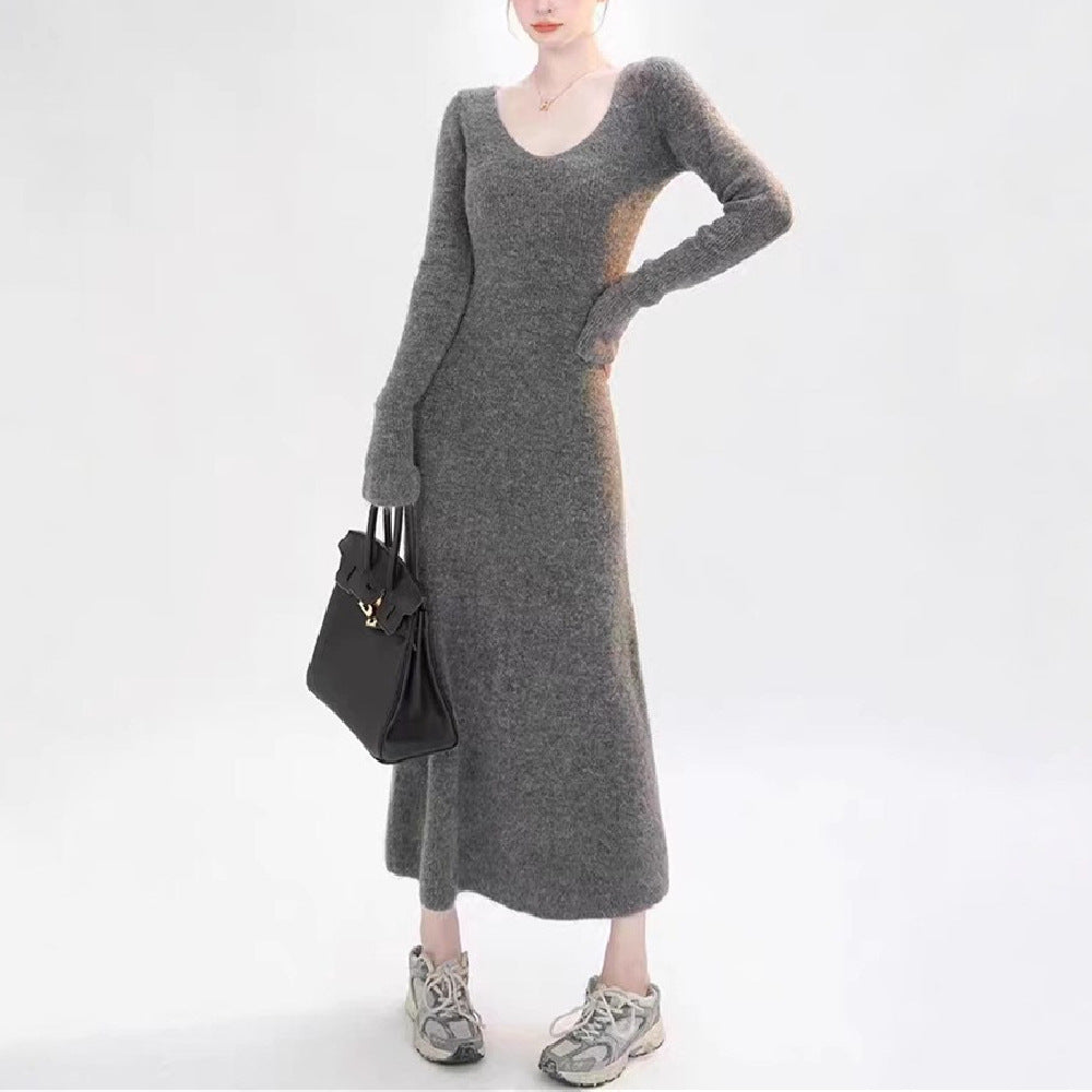 Damen Strickkleid mit V-Ausschnitt und langen Ärmeln Drune