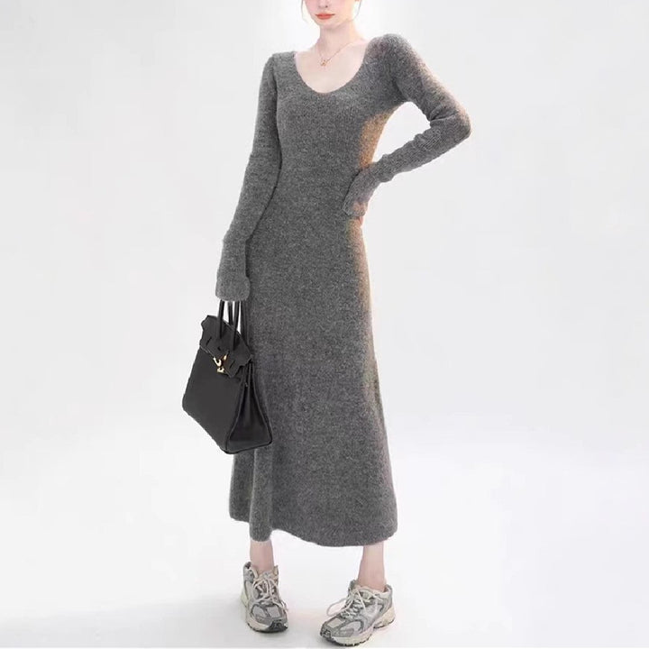Damen Strickkleid mit V-Ausschnitt und langen Ärmeln Drune
