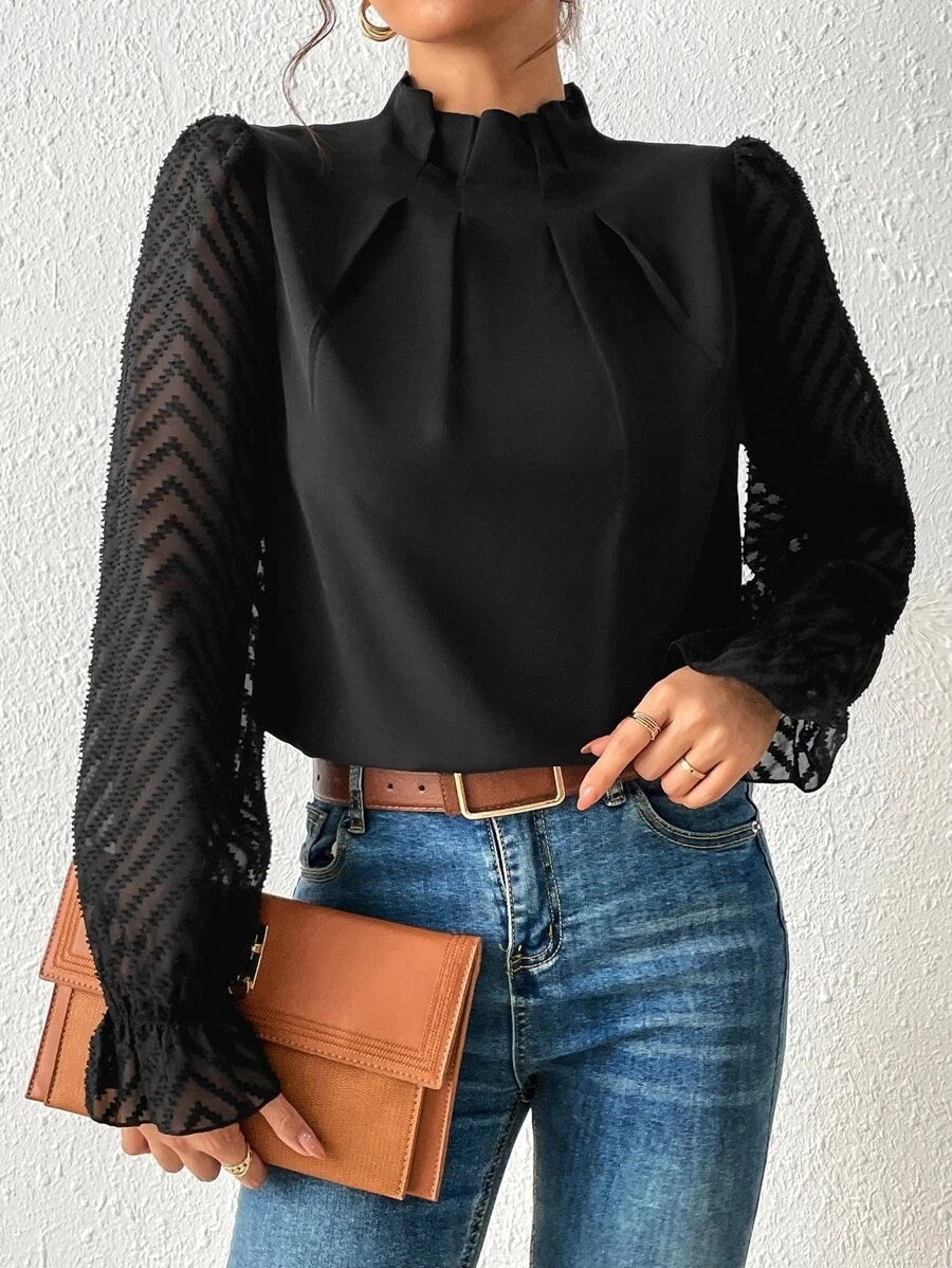 Damen elegante Bluse mit strukturierten Ärmeln und hohem Kragen Drune