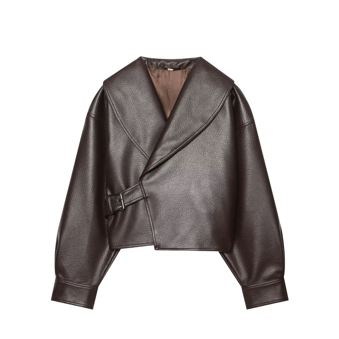 Damen Kurzer Kunstlederblouson mit weitem Schalkragen und Taillenriegel Drune