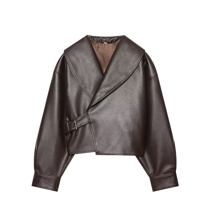 Damen Kurzer Kunstlederblouson mit weitem Schalkragen und Taillenriegel Drune