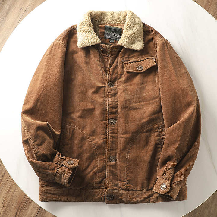 Herren nan gefütterte Cordjacke mit Teddykragen, Knopfleiste und aufgesetzten Taschen Drune