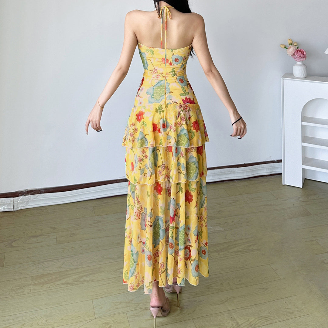 Damen Maxi-Kleid mit floralen Rüschen und tiefem V-Ausschnitt Drune