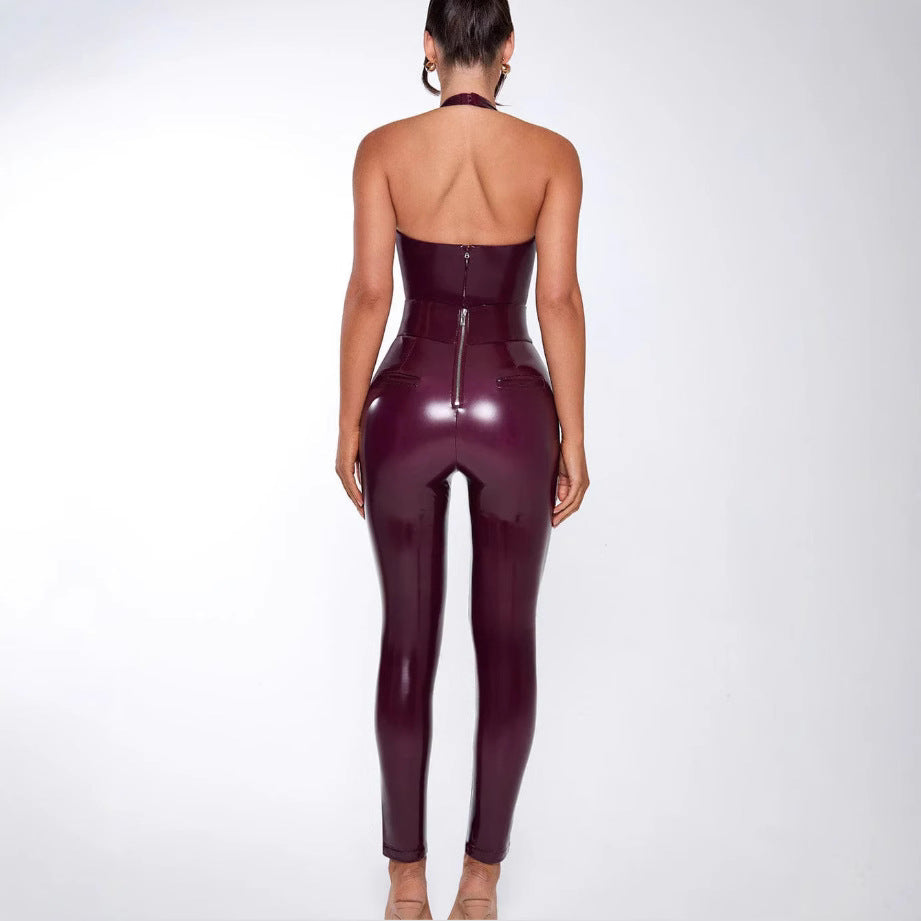 Damen Körperbetontes Jumpsuit aus glanzvollem Material mit tiefem V-Ausschnitt und schlankem Schnitt Drune