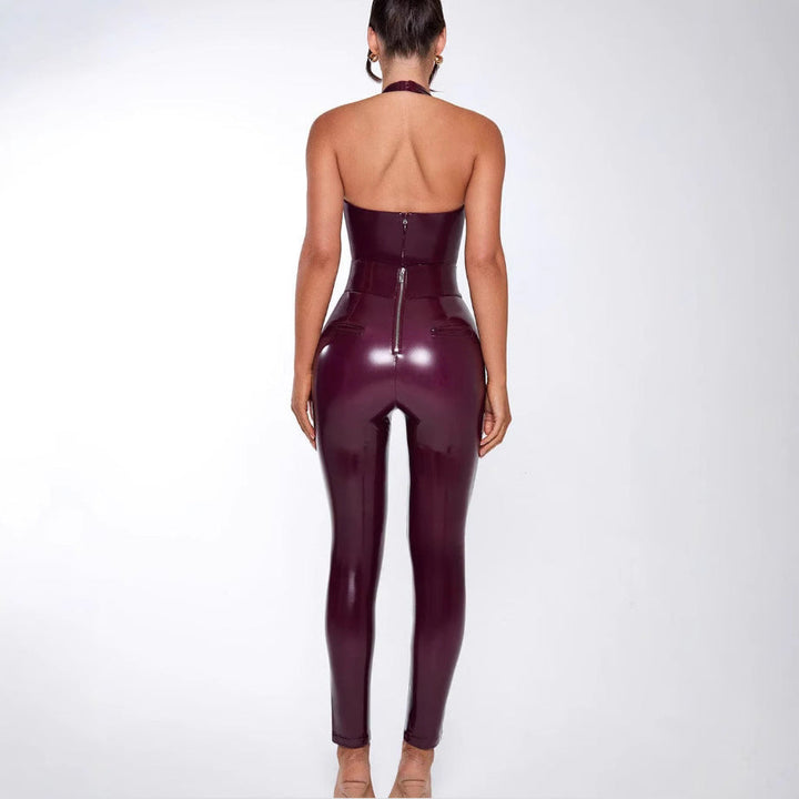 Damen Körperbetontes Jumpsuit aus glanzvollem Material mit tiefem V-Ausschnitt und schlankem Schnitt Drune