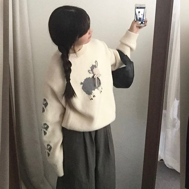 Damen kuscheliger Strickpullover mit aufwendigem Tiermotiv Drune