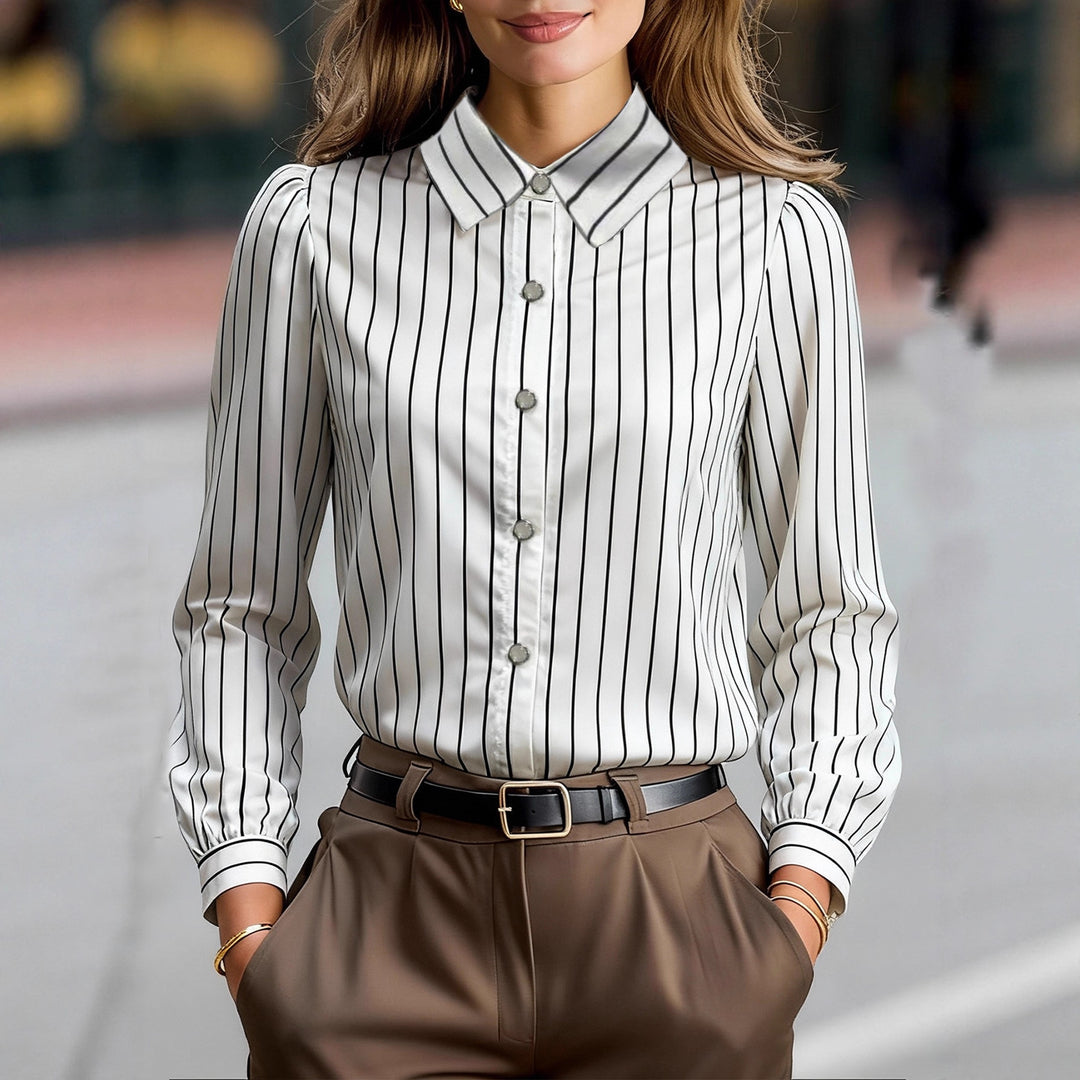 Damen Elegant gestreifte Bluse mit klassischem Kragen und modischen Puffärmeln Drune