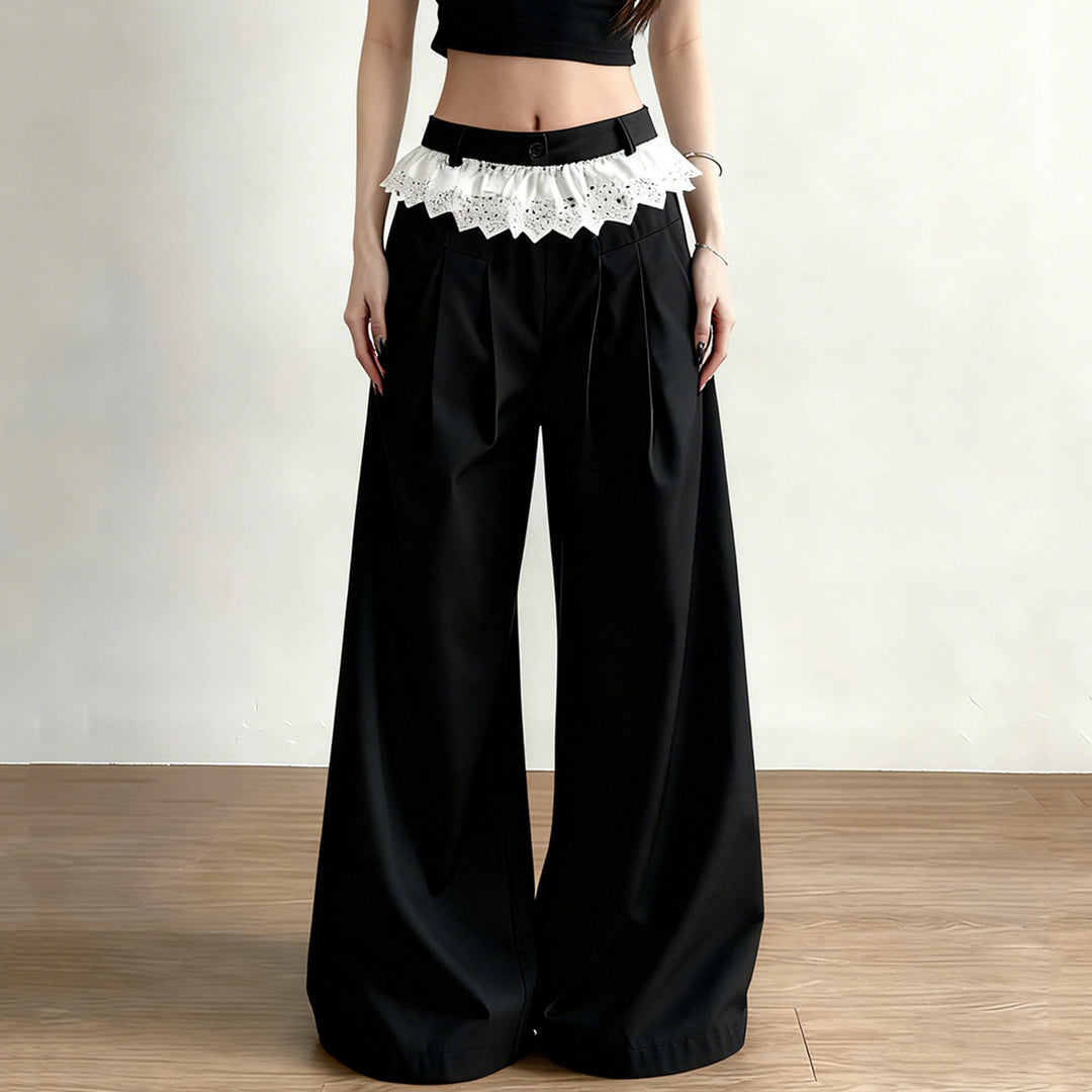 Damen Palazzo-Hose mit hohem Bund und dekorativem Spitzen-Volant Drune