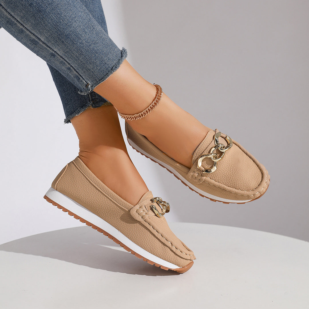 Damen Modische Mokassin‑Slipper mit goldener Gliederkette und profilierter Gummisohle Drune