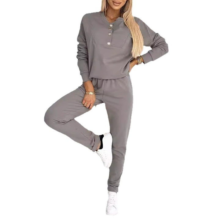 Damen Bequemes Freizeitanzug Set mit Knopfdetails Drune