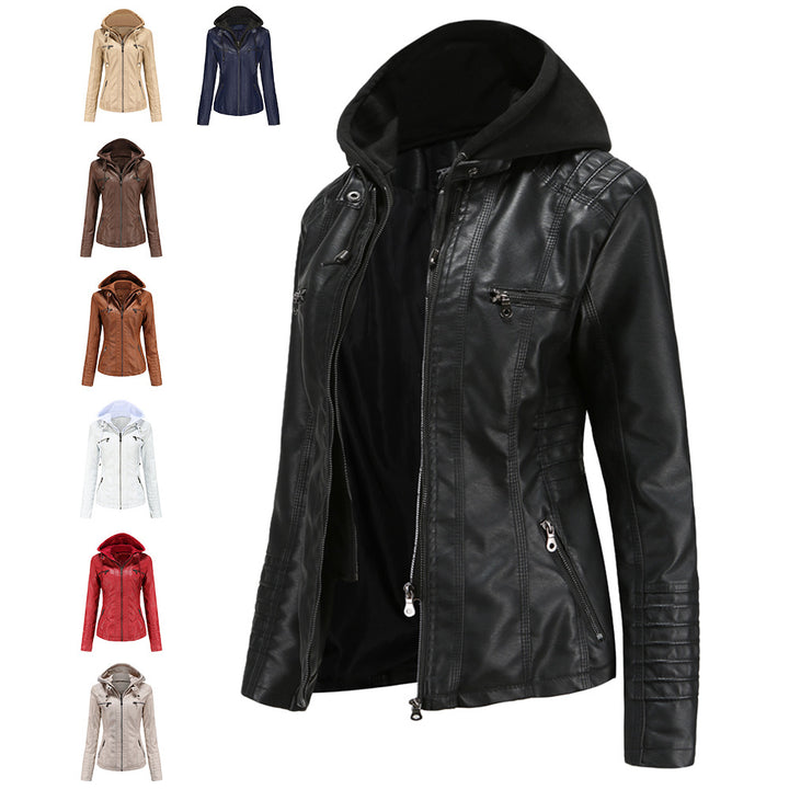 Damen nan taillierte Kunstlederjacke mit Kapuze, gesteppter Armblende und verdeckten Reißverschlusstaschen Drune