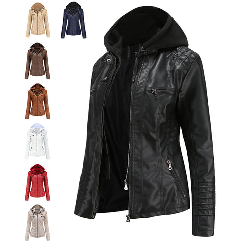Damen nan taillierte Kunstlederjacke mit Kapuze, gesteppter Armblende und verdeckten Reißverschlusstaschen Drune