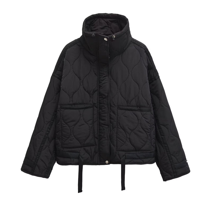 Damen 200+ gesteppte Cropped‑Kurzjacke mit hohem Stehkragen, Tunnelzug und aufgesetzten Taschen Drune