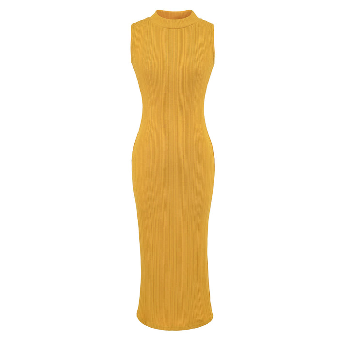 Damen Midikleid in Rippstrick, ärmelloses Slim‑Fit mit Stehkragen Drune