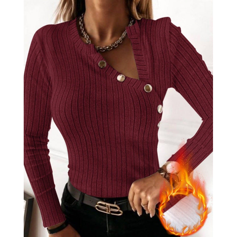 Damen Langarmshirt mit modischem Knopfdetail und Rippstruktur Drune