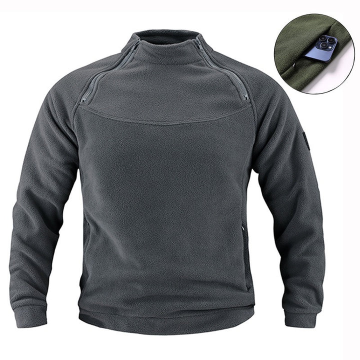 Herren taktischer Fleece-Pullover mit Schulterreißverschlüssen, Kinnschutz und Klettpanel Drune