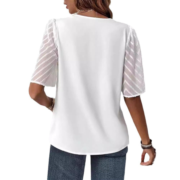 Damen nan elegantes Chiffon-Oberteil mit plissierter V-Passe und transparenten Zickzackärmeln Drune