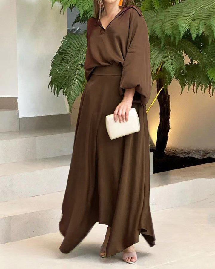 Damen Elegantes Maxikleid mit Kapuzen‑V‑Ausschnitt, Ballonärmeln und fließendem Saum Drune