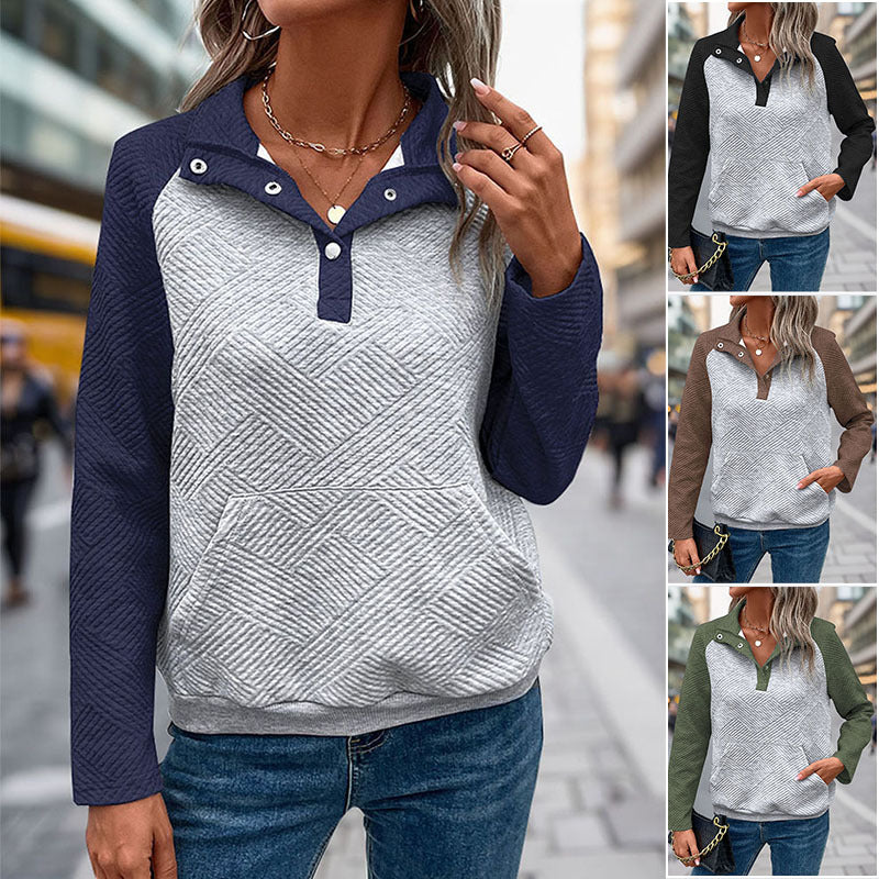 Damen Stepp-Sweatshirt mit Henley-Knopfleiste, Kängurutasche und kontrastierenden Raglanärmeln Drune