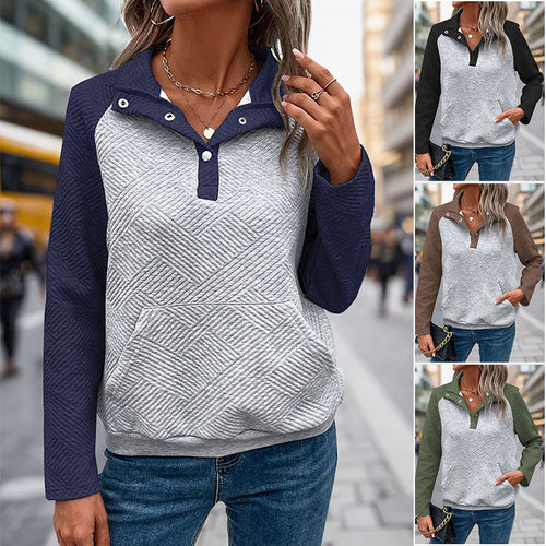 Damen Stepp-Sweatshirt mit Henley-Knopfleiste, Kängurutasche und kontrastierenden Raglanärmeln Drune