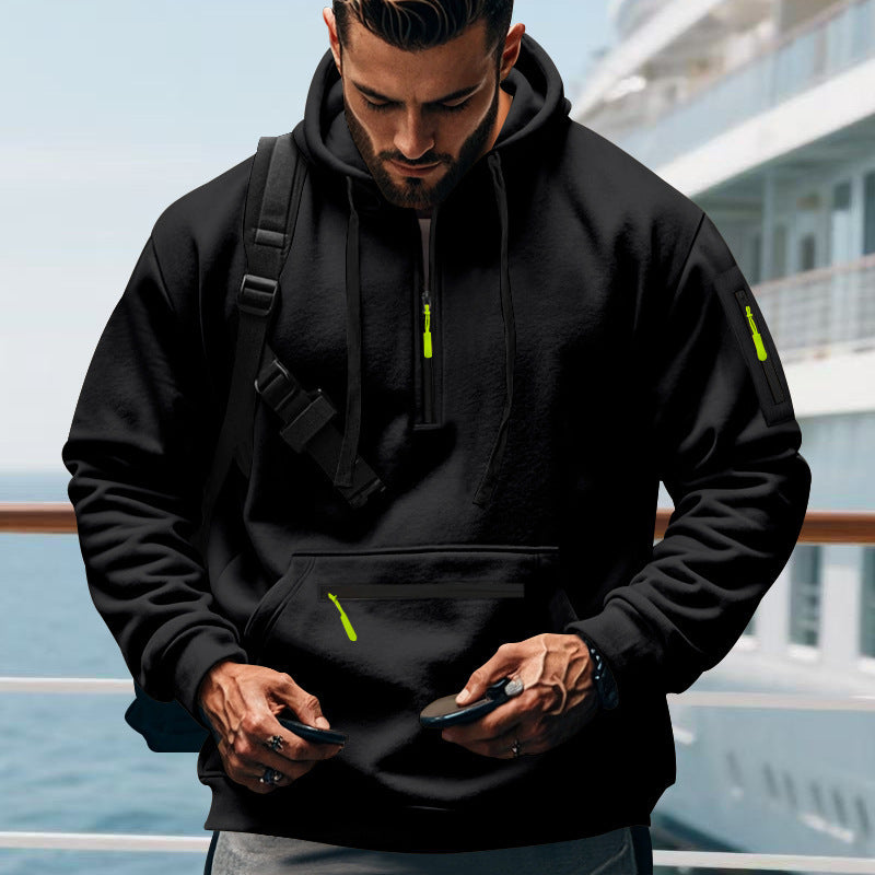 Herren nan technischer Half-Zip Hoodie mit Kängurutasche, Ärmeltasche und Reißverschluss-Details Drune