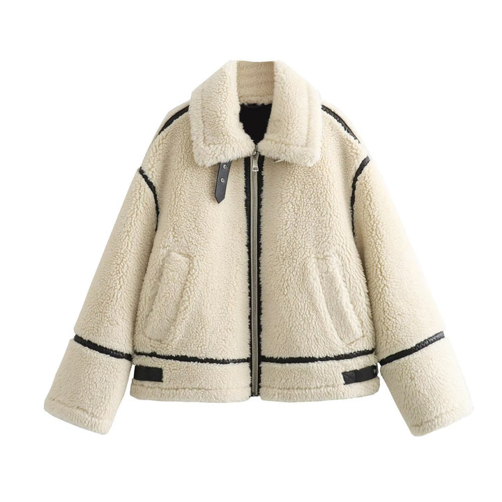 Damen Oversize-Teddyjacke im Aviator-Stil mit Kunstleder-Paspel, Stehkragen und Reißverschluss Drune