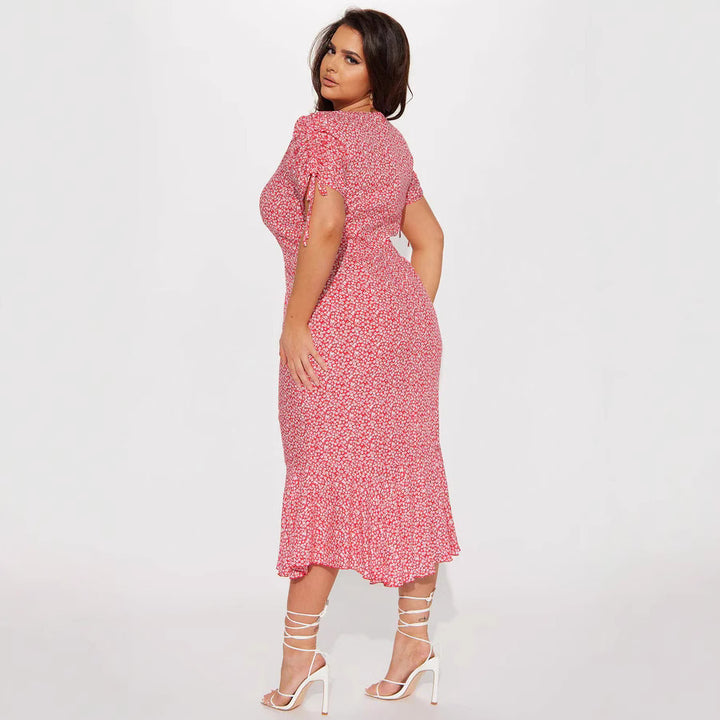 Damen Midi-Kleid mit floralen Mustern und luftigen Rüschendetails Drune