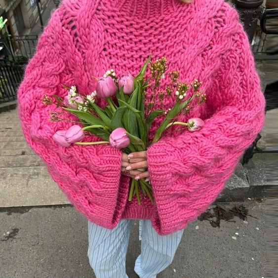 Damen Strickpullover mit voluminösen Ärmeln und strukturiertem Zopfmuster Drune