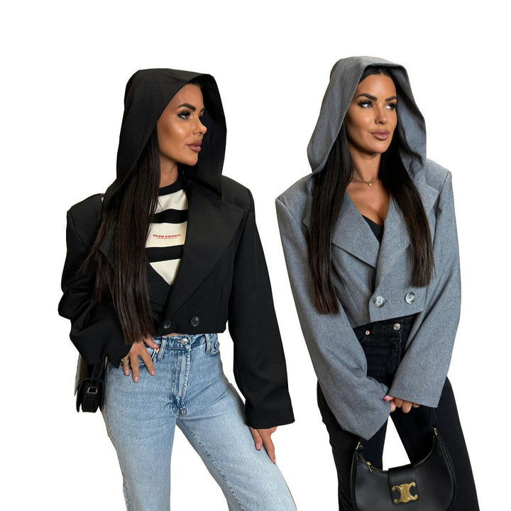 Damen Modische Jacke mit Kapuze und doppelter Knopfleiste Drune