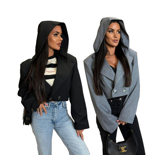 Damen Modische Jacke mit Kapuze und doppelter Knopfleiste Drune