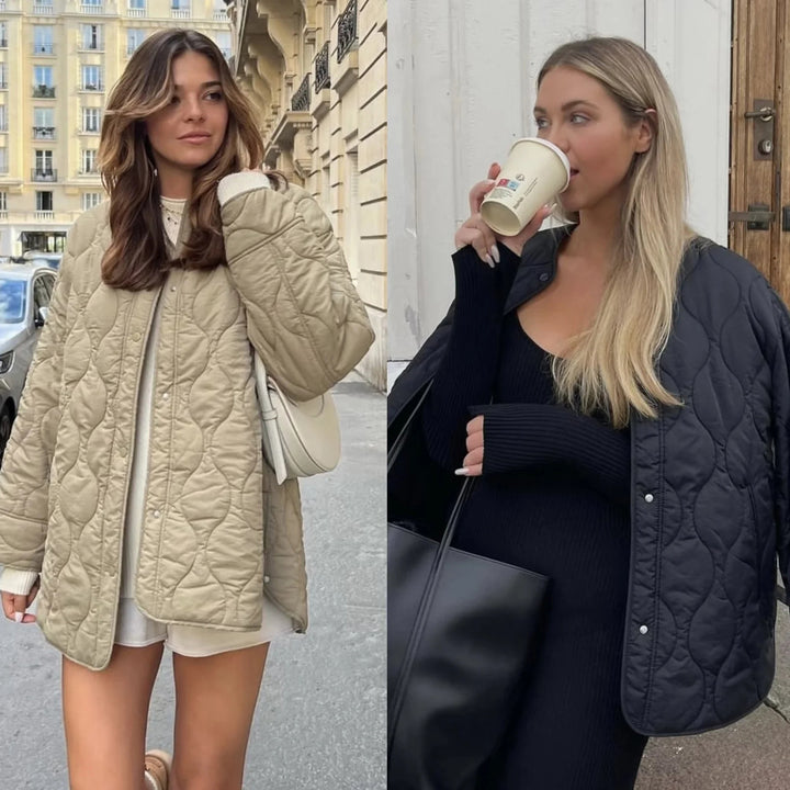 Damen Steppjacke Longline mit Oversize‑Silhouette und Druckknopfverschluss Drune