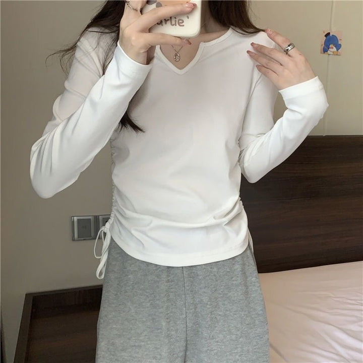 Damen vielseitiges Langarmshirt mit modischem V-Ausschnitt und Raffung Drune