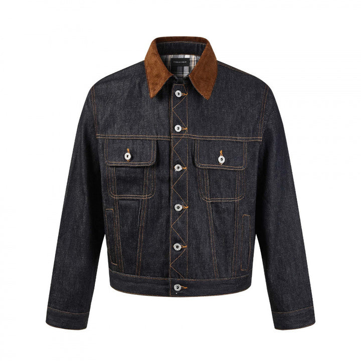 Herren Boxy Denim-Jacke mit Cordkragen und kariertem Futter Drune