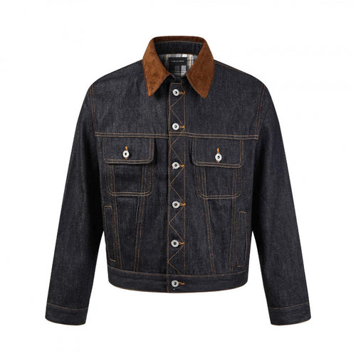 Herren Boxy Denim-Jacke mit Cordkragen und kariertem Futter Drune