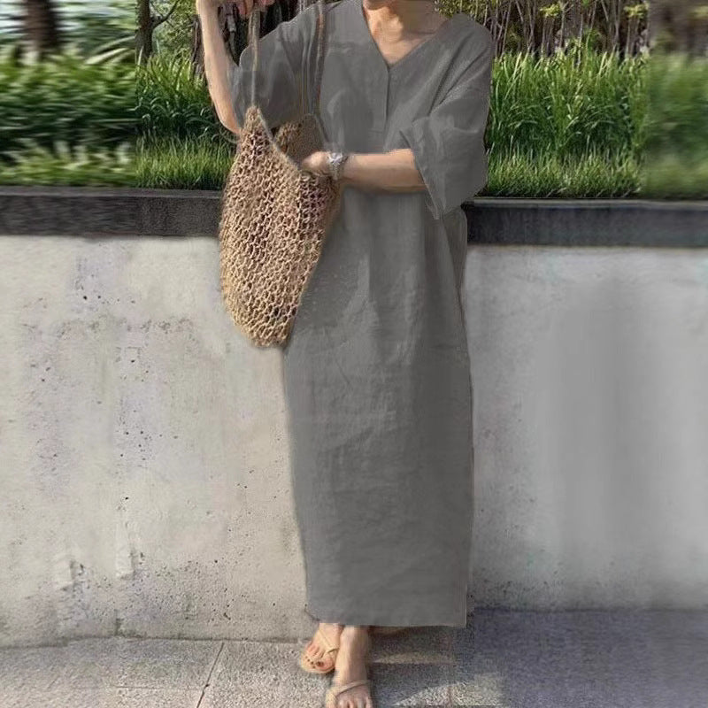 Damen Lässiges Leinen-Maxikleid mit V-Ausschnitt und Oversize-Relax-Fit Drune