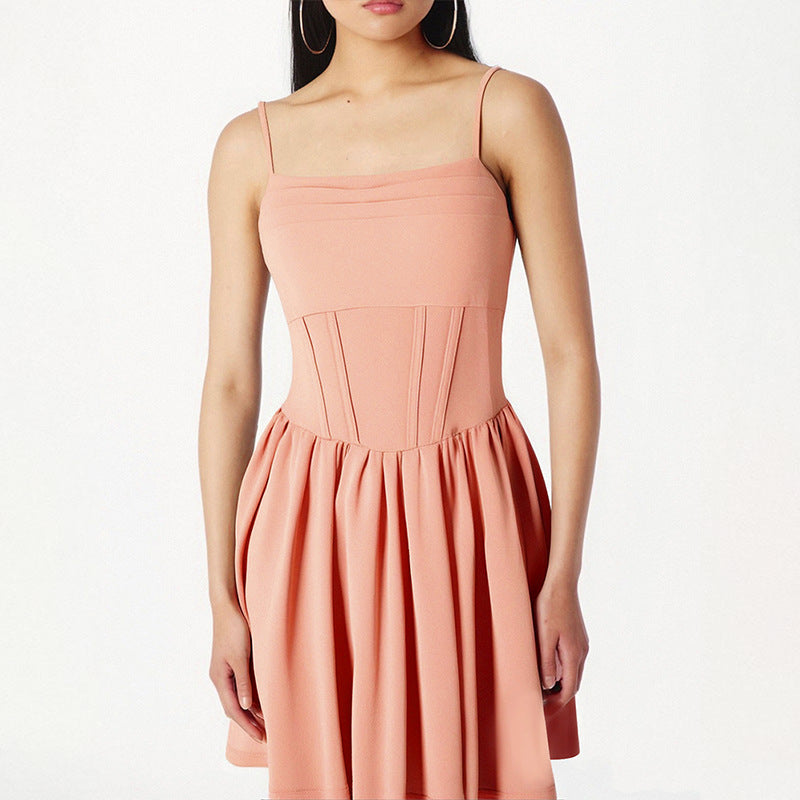 Damen schickes Sommerkleid mit Trägern und Falten Drune