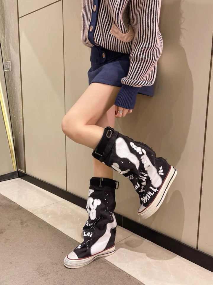 Damen Lässige Canvas-Plateau-Sneaker mit geschlitztem Schaft und Schnallenriemen Drune