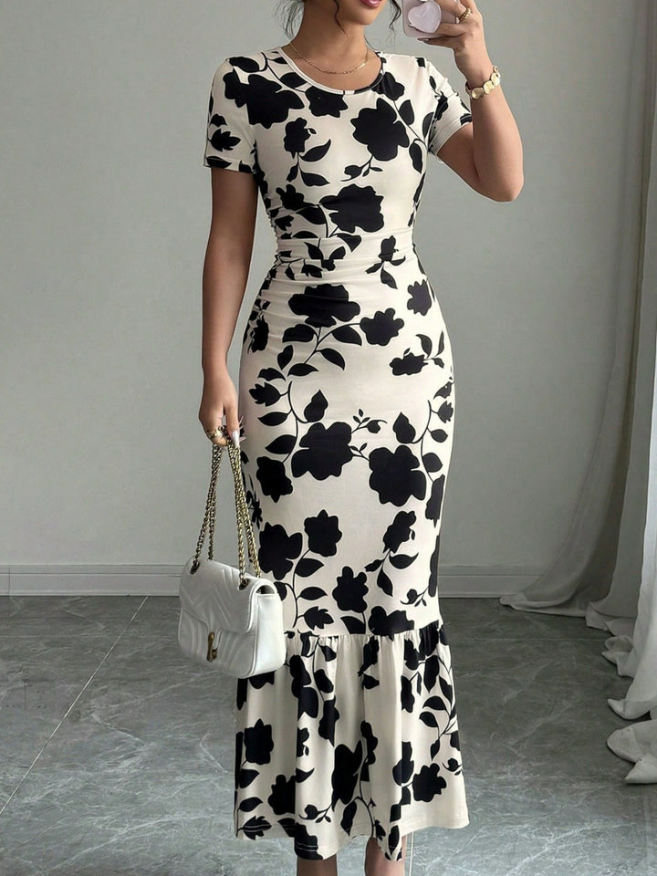 Damen Elegantes figurbetontes Kleid mit Rüschen-Saum und floralem Muster Drune