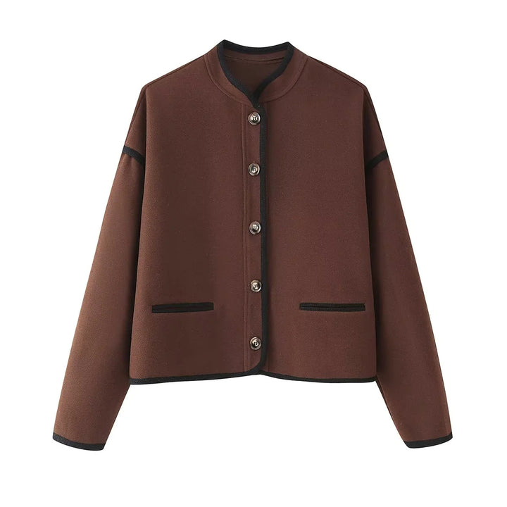 Damen nan kastige Kurzjacke mit Rundhalsausschnitt, Kontrastpaspel und Leistentaschen Drune