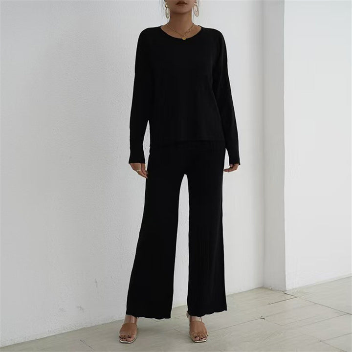 Damen lässiges und elegantes Strick-Loungewear-Set mit weitem Bein und feinen Rippenstrukturen Drune