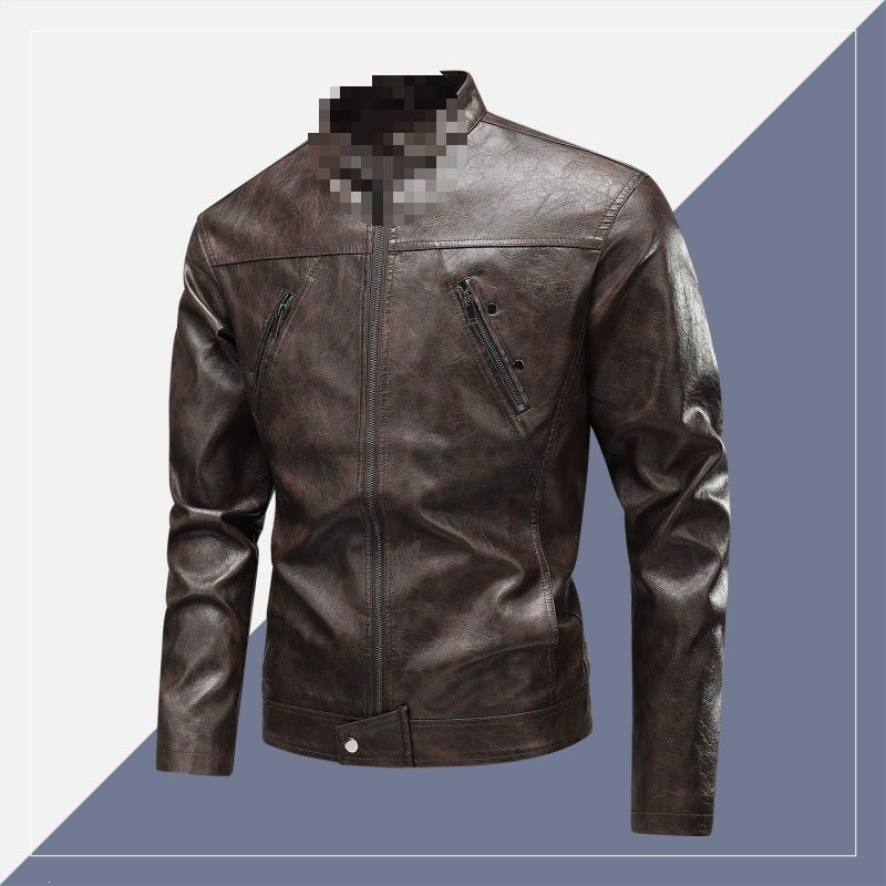 Herren Lederimitat-Bikerjacke mit Stehkragen, schmaler Passform & diagonalen Reißverschlusstaschen Drune
