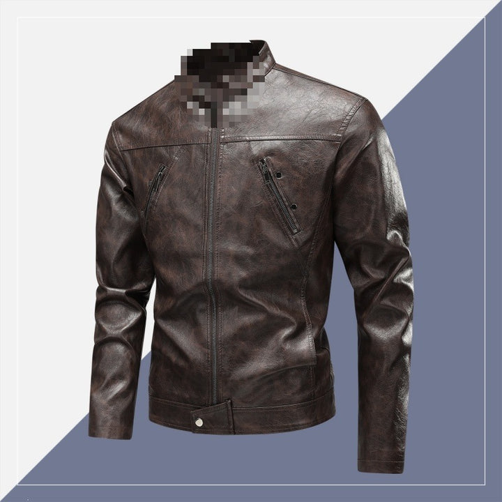 Herren Lederimitat-Bikerjacke mit Stehkragen, schmaler Passform & diagonalen Reißverschlusstaschen Drune